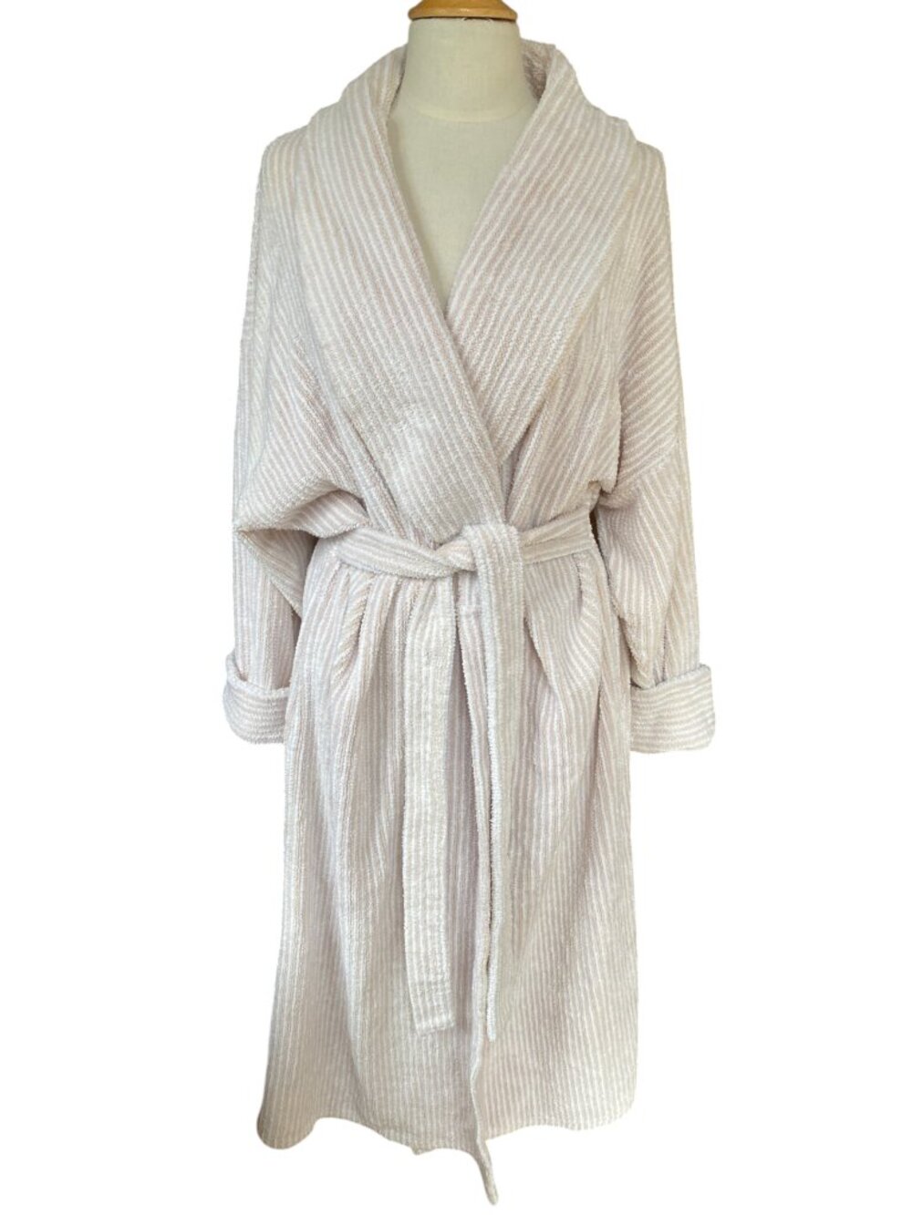 Vintage Stan Herman Terry Striped Robe Neutral Tan Made in USA Maxi Lounge-1X